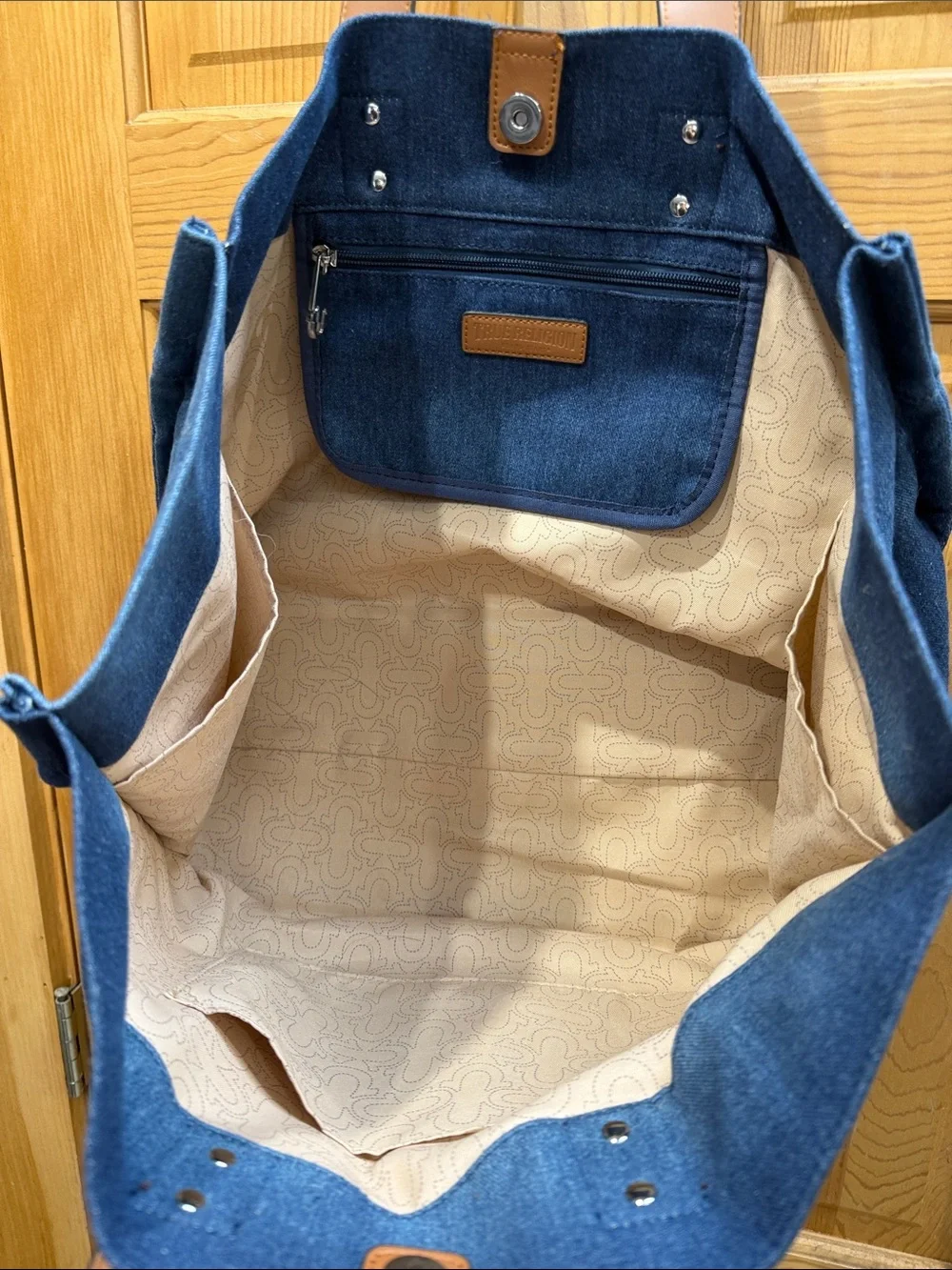 True Religion Denim Tote Bag in Blue with Brown Handles